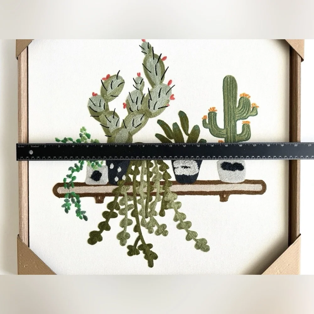 bp home-Embroidered Potted Cactus Shelf Wall Art - Green